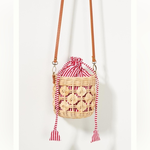 Anthropologie Raffia Bucket Bag Red White Straw Basket Purse NWOT - Picture 1 of 17